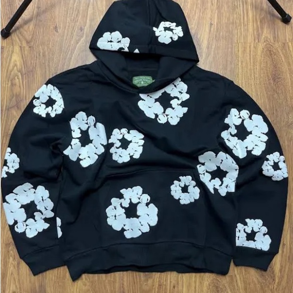 Black Hoodie with White Floral Design